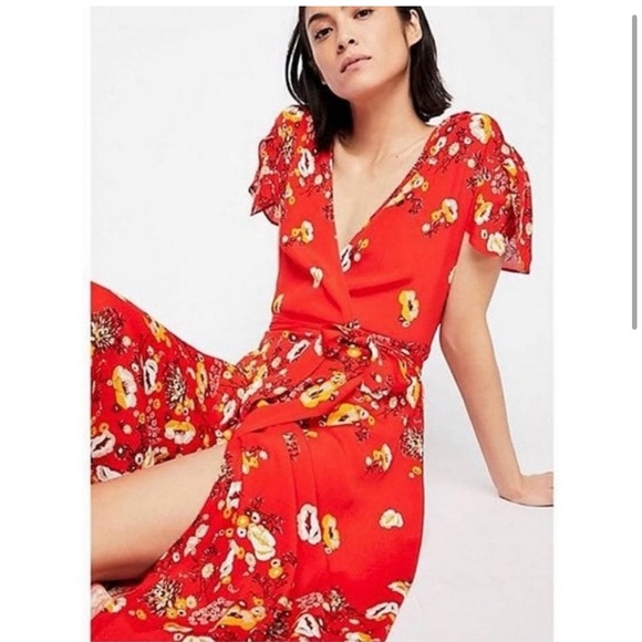 Free People Jess Floral Wrap Maxi Dress Flower Size M Boho Flowy Frill Red - Picture 2 of 11